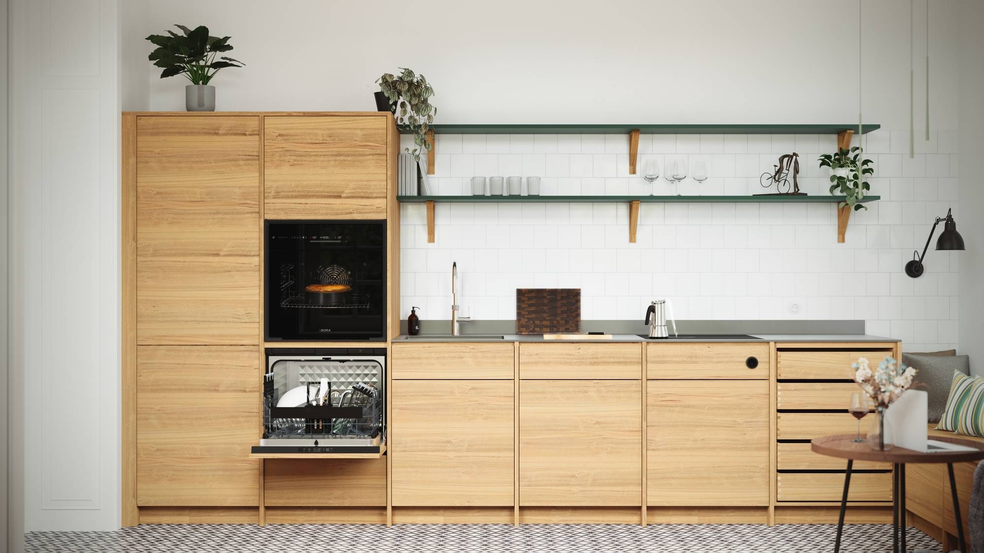 BORA Kochfeldabzüge: Geschirrspüler BORA Dish in einer Küchenzeile mit Holzfronten